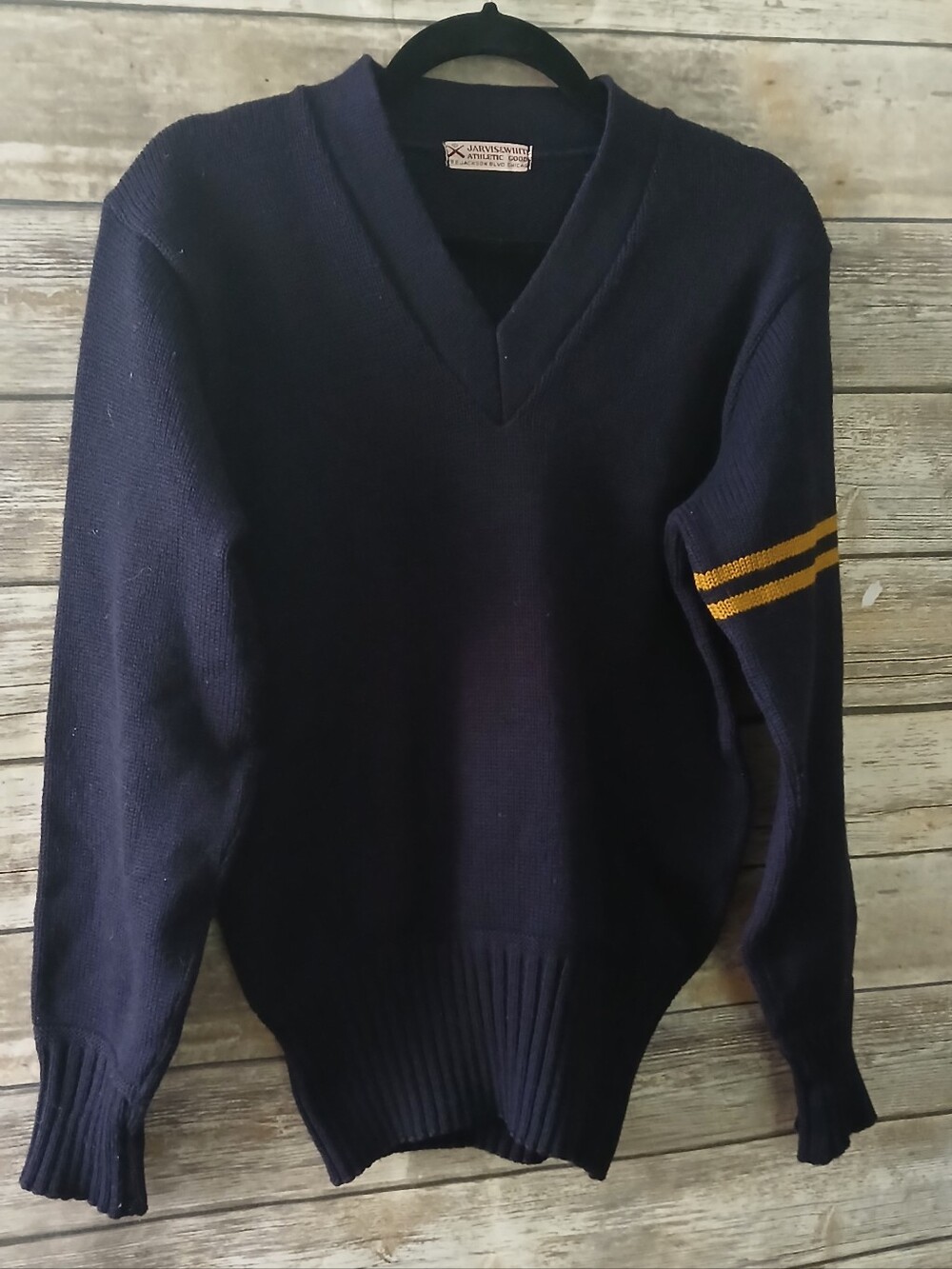 Vintage Navy V-Neck Men's Sweater with Gold Sleeve Stripes